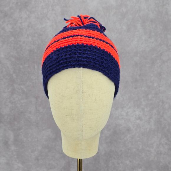 Blue Orange Stripe Pom Pom Crochet Knit Bucket Cap Hat Fun VTG Y2K Funky Beanie - Picture 2 of 4
